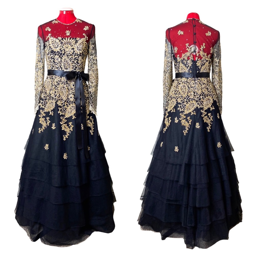 Liancarlo Gold Beaded Black Tulle Long Sleeve Gown